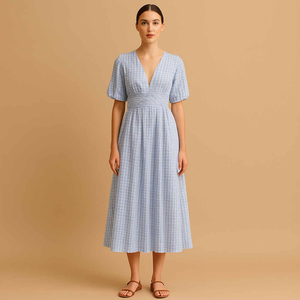 Flowy maxi dress with button closure and long sleeves for women.