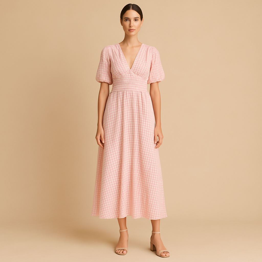 Flowy maxi dress with button closure and long sleeves for women.