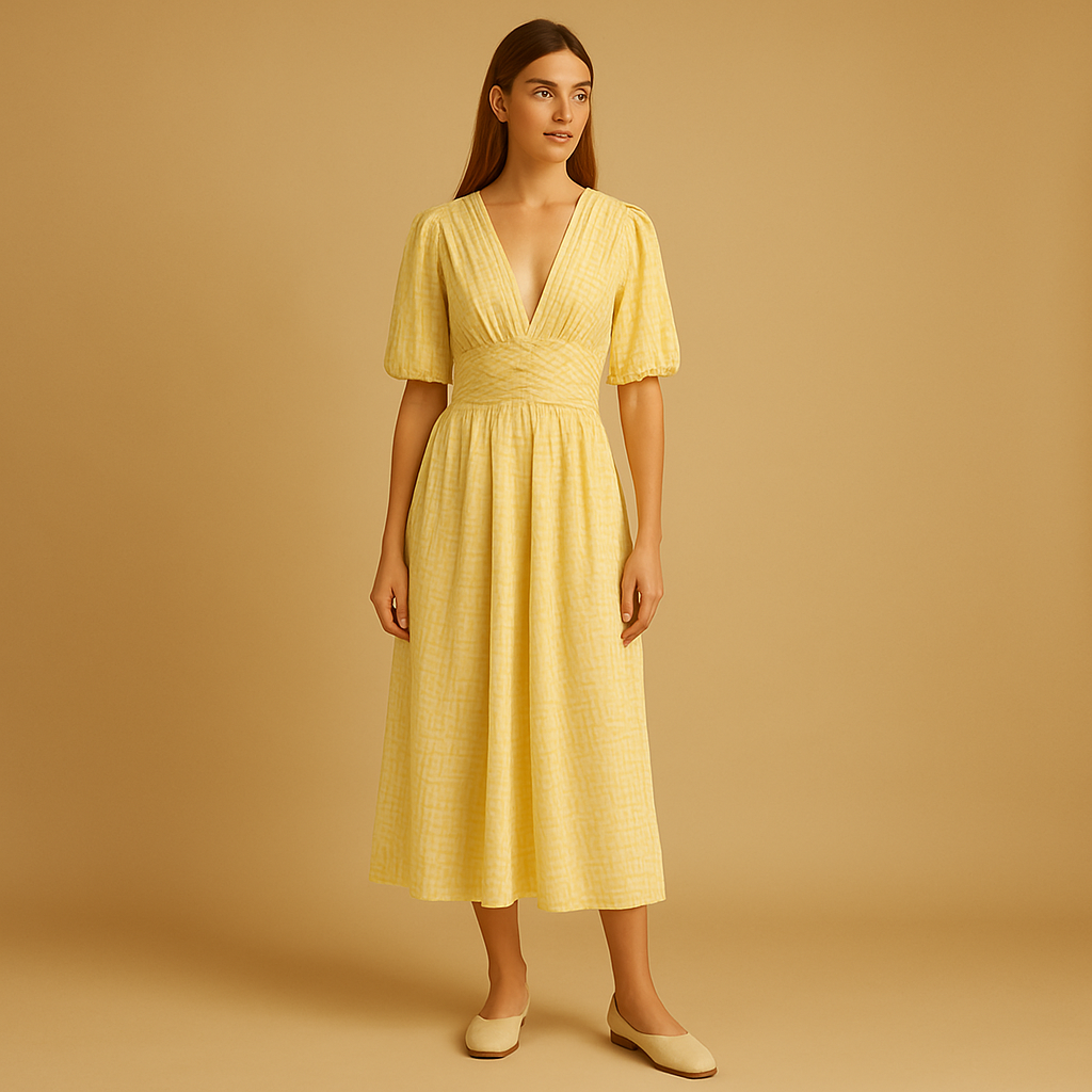 Flowy maxi dress with button closure and long sleeves for women.