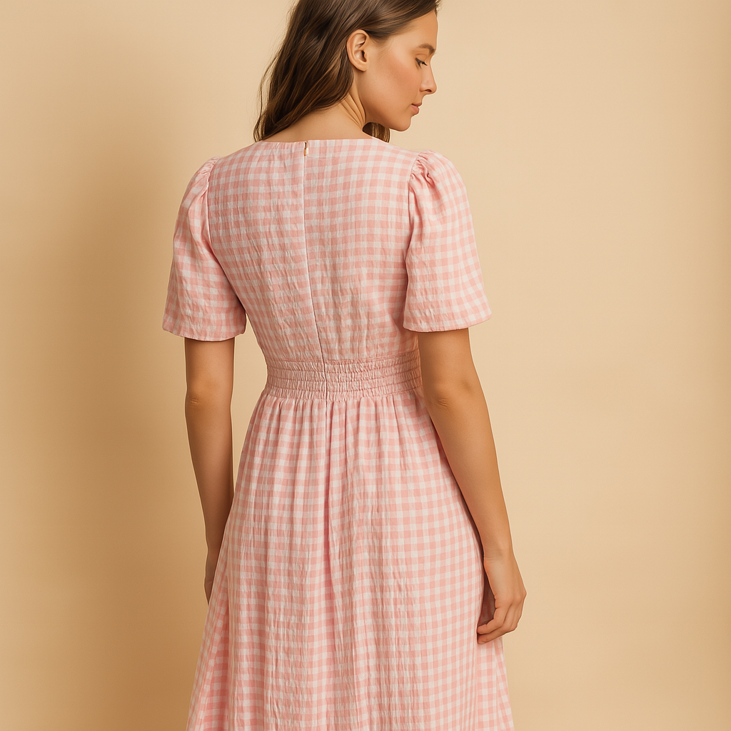 Flowy maxi dress with button closure and long sleeves for women.