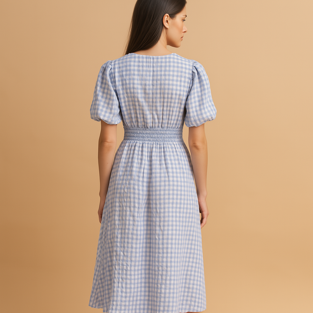 Flowy maxi dress with button closure and long sleeves for women.