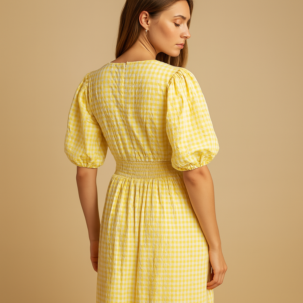 Flowy maxi dress with button closure and long sleeves for women.