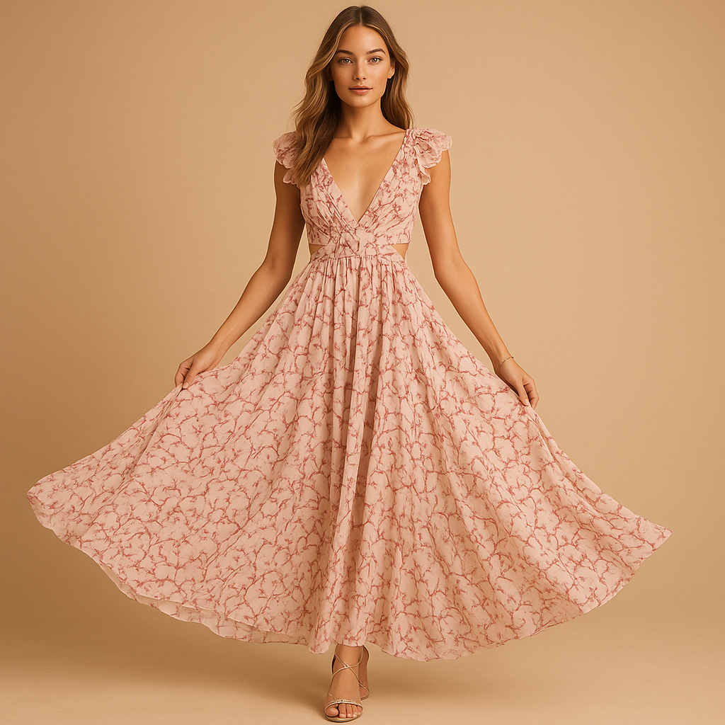 Floral maxi dress with ruffles and deep V-neck for women.