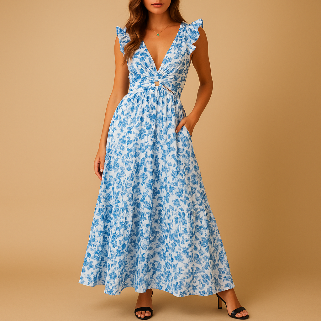 Floral maxi dress with ruffles and deep V-neck for women.