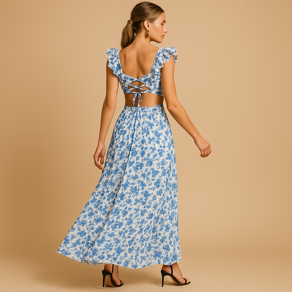 Floral maxi dress with ruffles and deep V-neck for women.