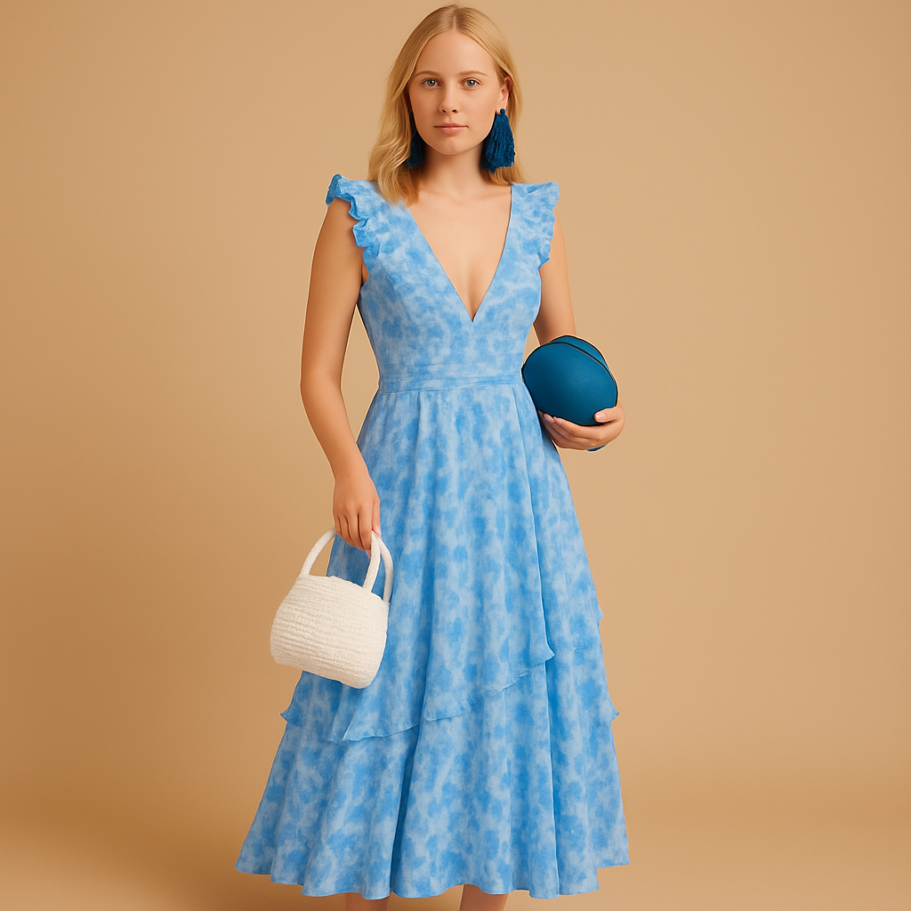 Floral maxi dress with ruffles and deep V-neck for women.