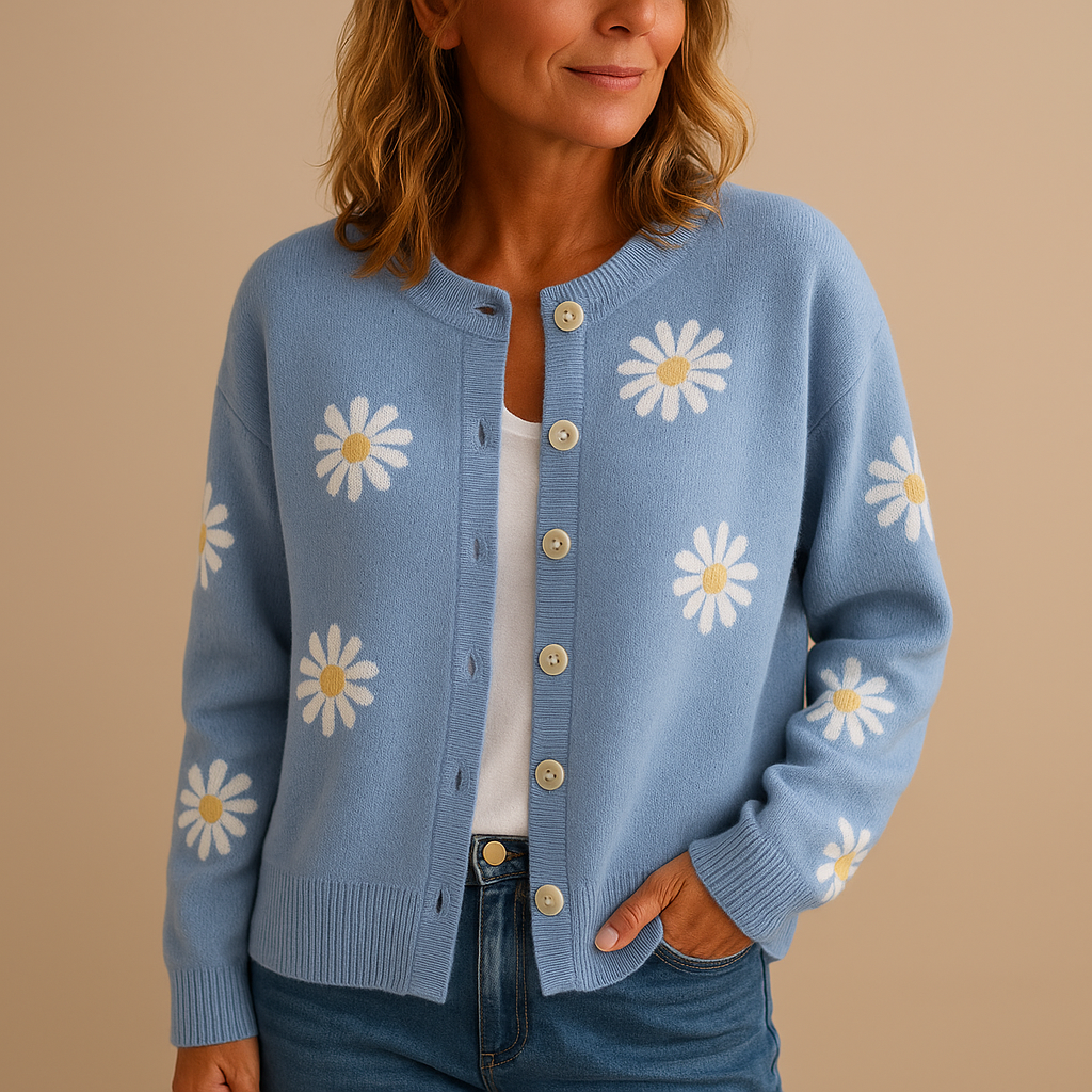 Knitted women's cardigan with floral pattern and button closure.