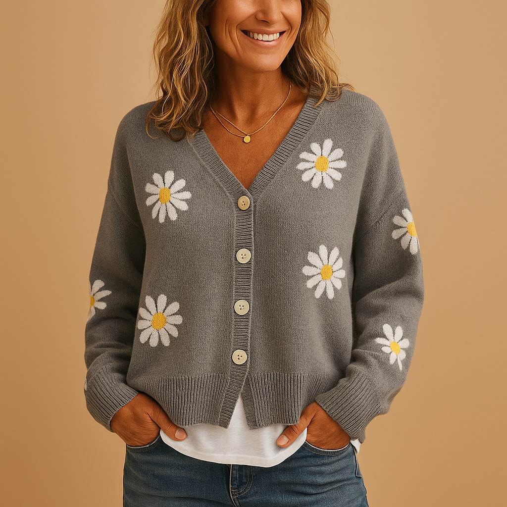 Knitted women's cardigan with floral pattern and button closure.