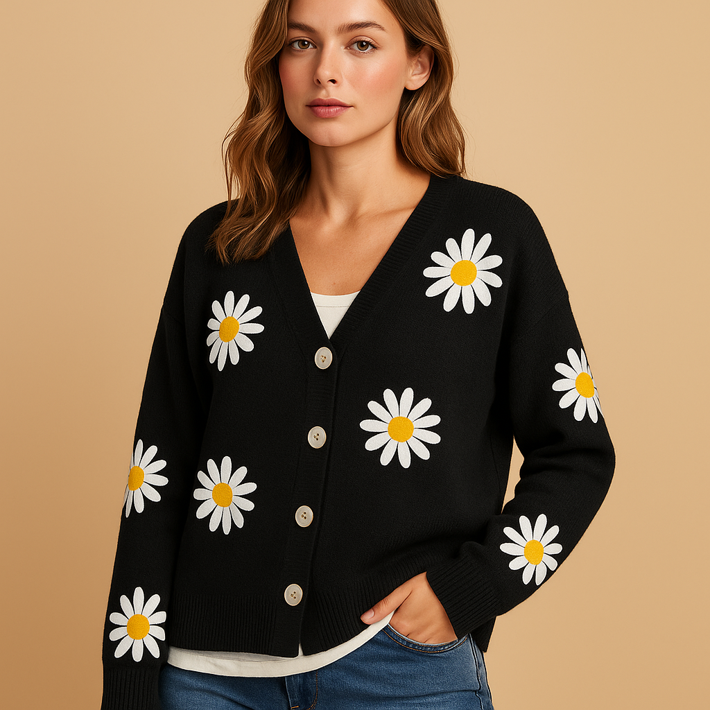 Knitted women's cardigan with floral pattern and button closure.