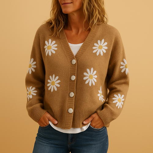 Knitted women's cardigan with floral pattern and button closure.