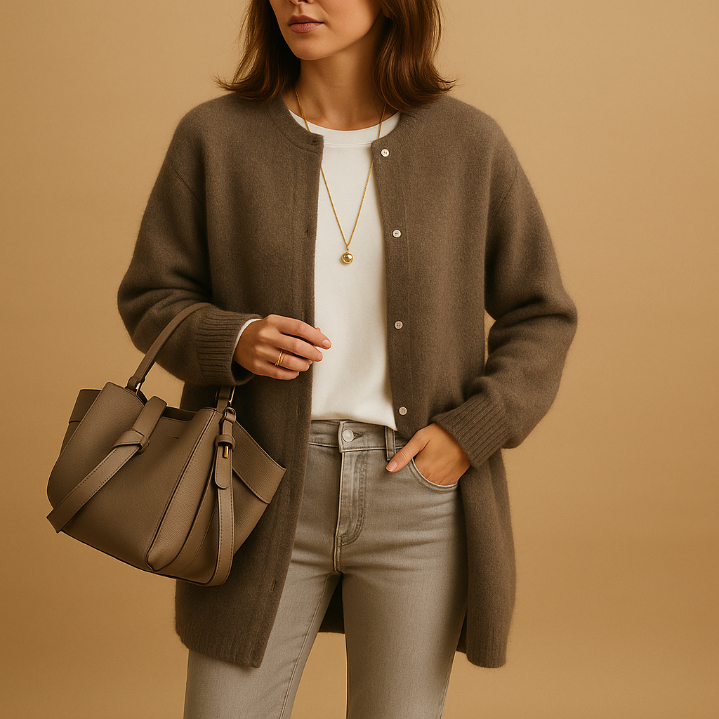 Knitted women's cardigan with buttons and long sleeves.