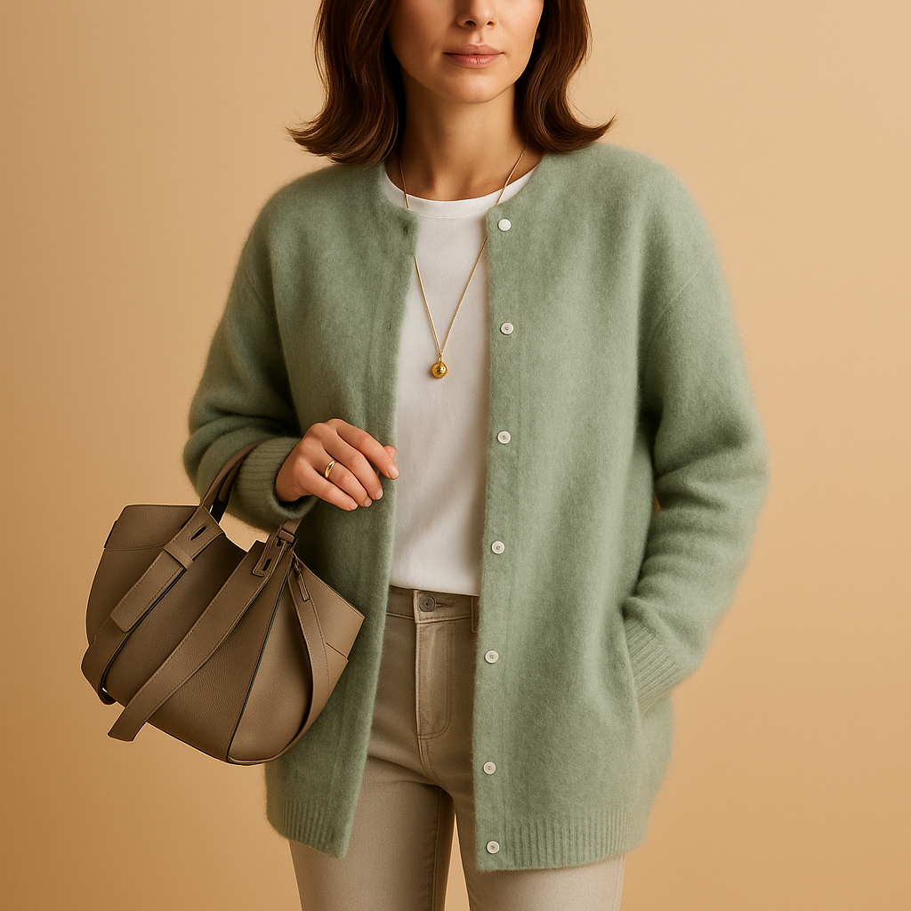 Knitted women's cardigan with buttons and long sleeves.