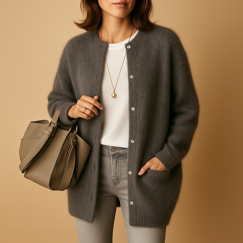 Knitted women's cardigan with buttons and long sleeves.