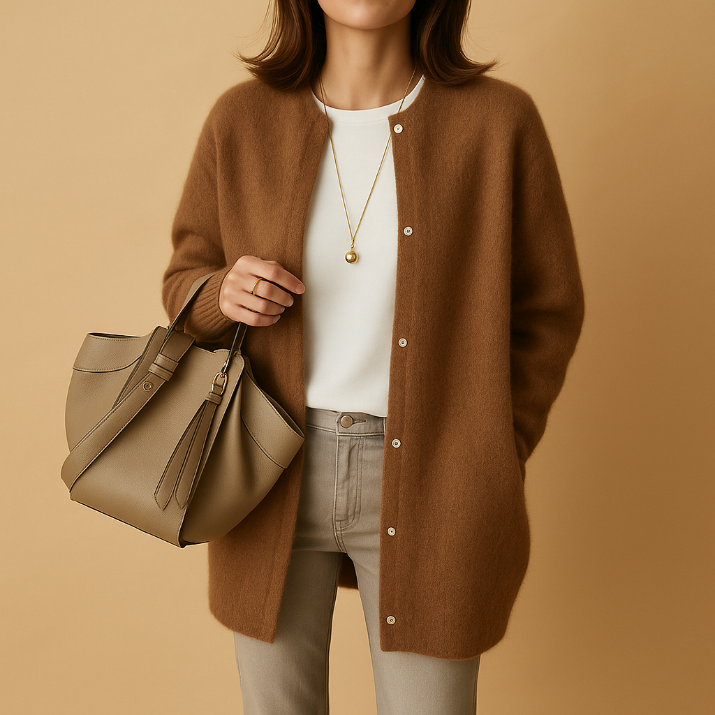 Knitted women's cardigan with buttons and long sleeves.