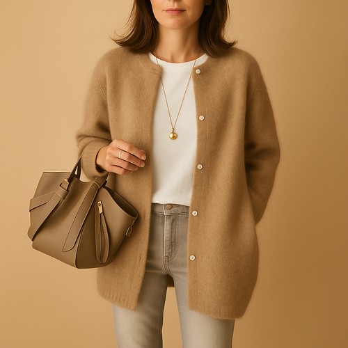 Knitted women's cardigan with buttons and long sleeves.