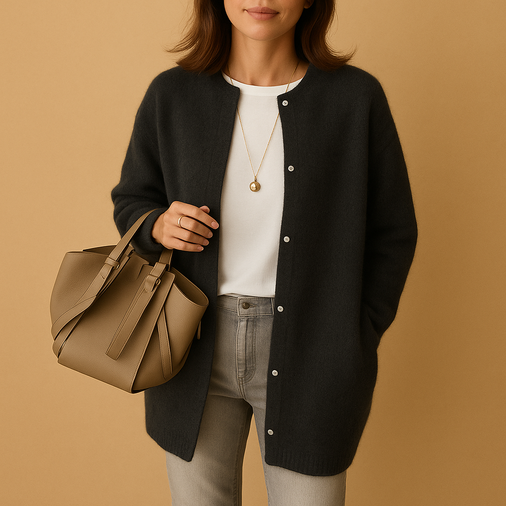 Knitted women's cardigan with buttons and long sleeves.