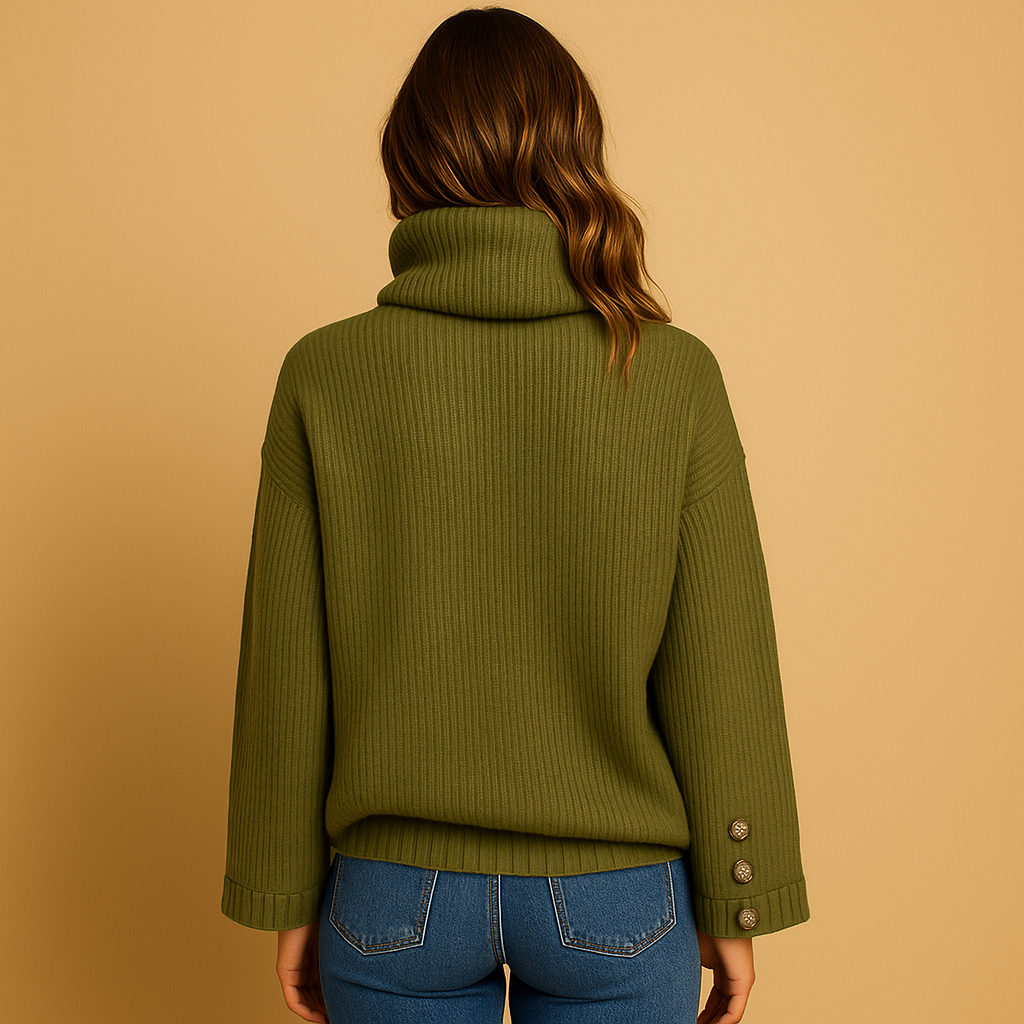 Women's knitted turtleneck with button detail.