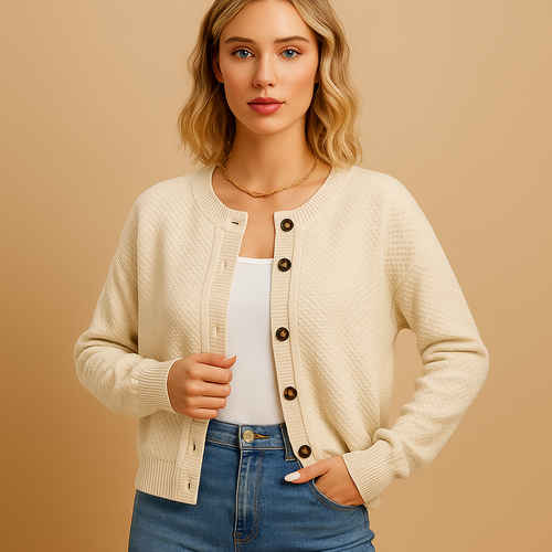 Knitted women's cardigan with buttons.