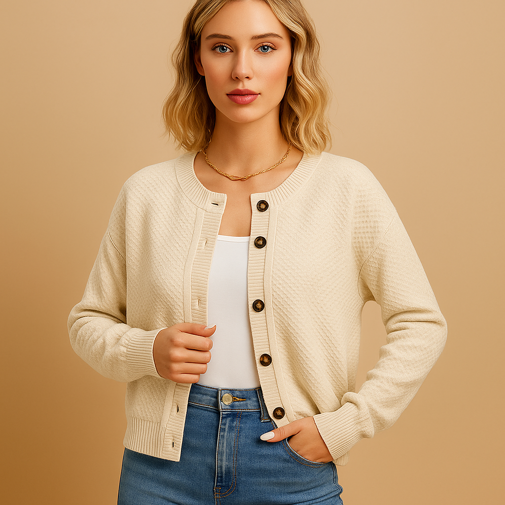 Knitted women's cardigan with buttons.