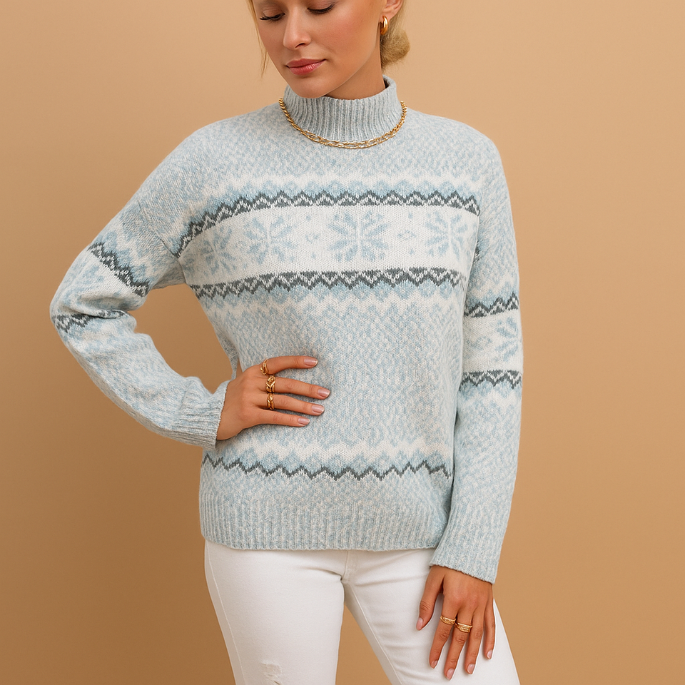 Knitted turtleneck sweater with snowflakes for women.