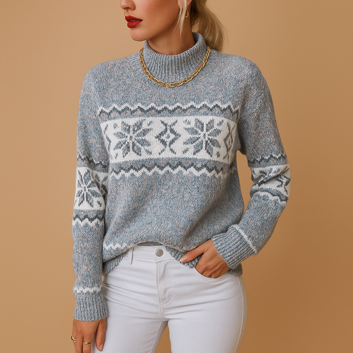 Knitted turtleneck sweater with snowflakes for women.