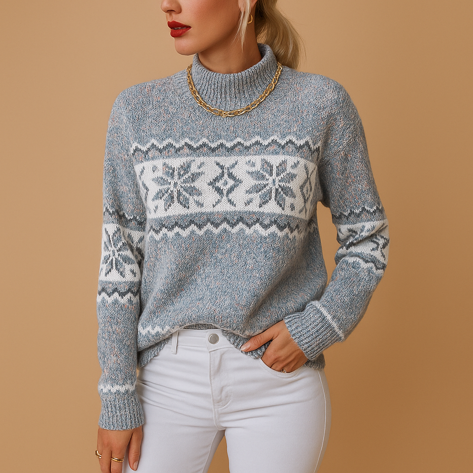 Knitted turtleneck sweater with snowflakes for women.