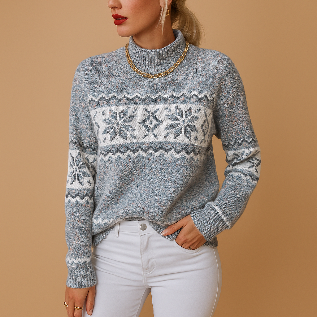 Knitted turtleneck sweater with snowflakes for women.