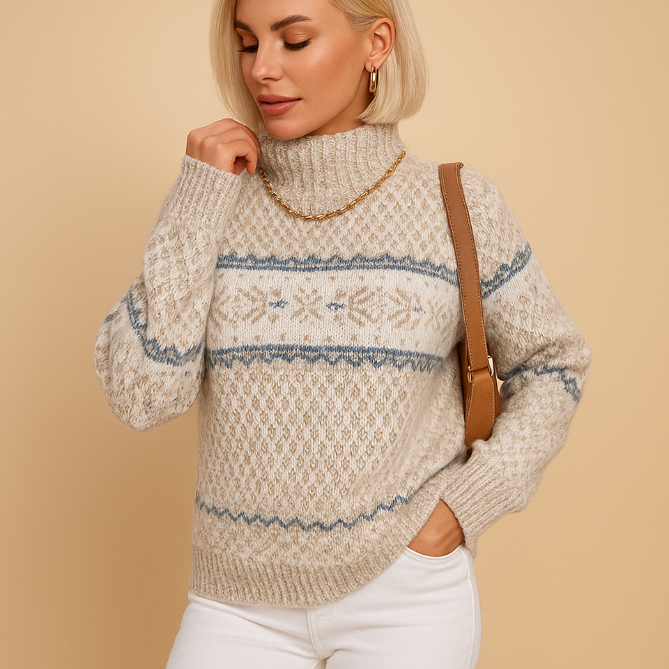 Knitted turtleneck sweater with snowflakes for women.