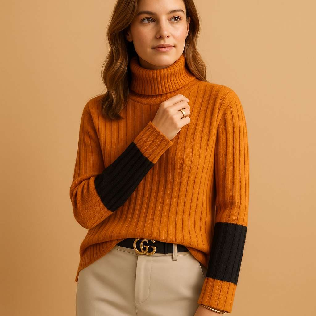 Knitted women's sweater with turtleneck.