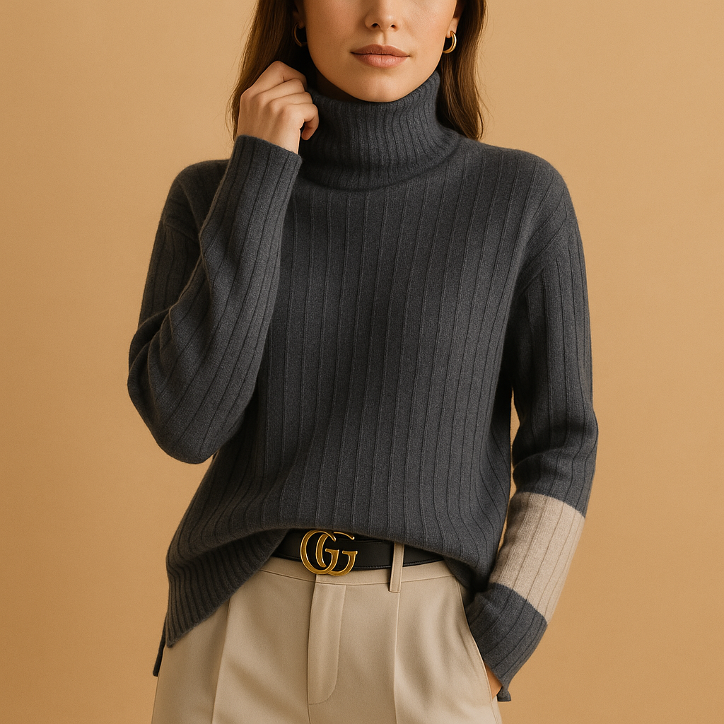 Knitted women's sweater with turtleneck.