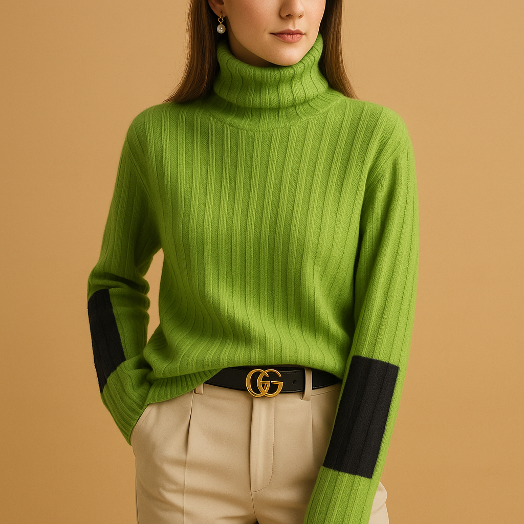 Knitted women's sweater with turtleneck.