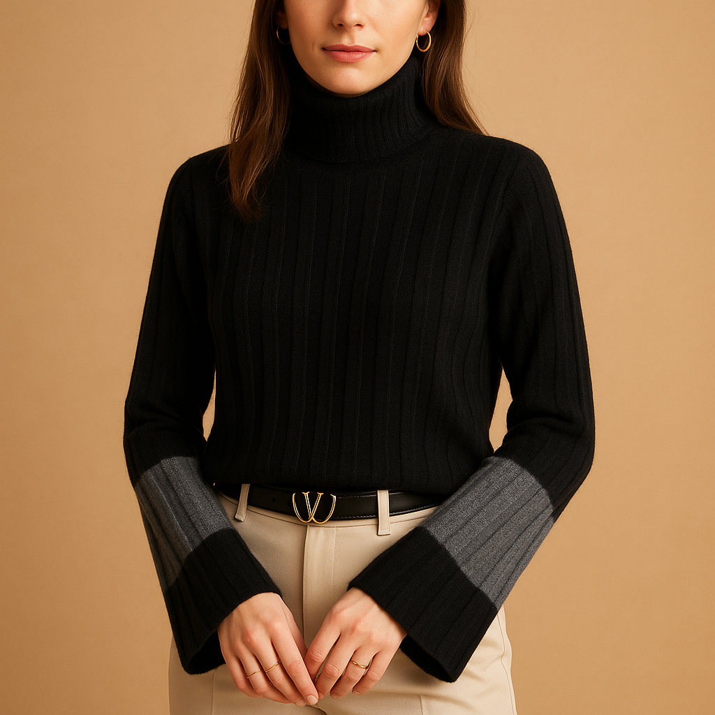 Knitted women's sweater with turtleneck.