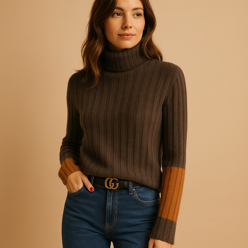 Knitted women's sweater with turtleneck.