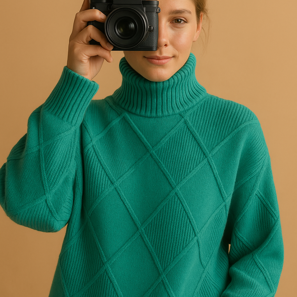 Knitted women's sweater with turtleneck.
