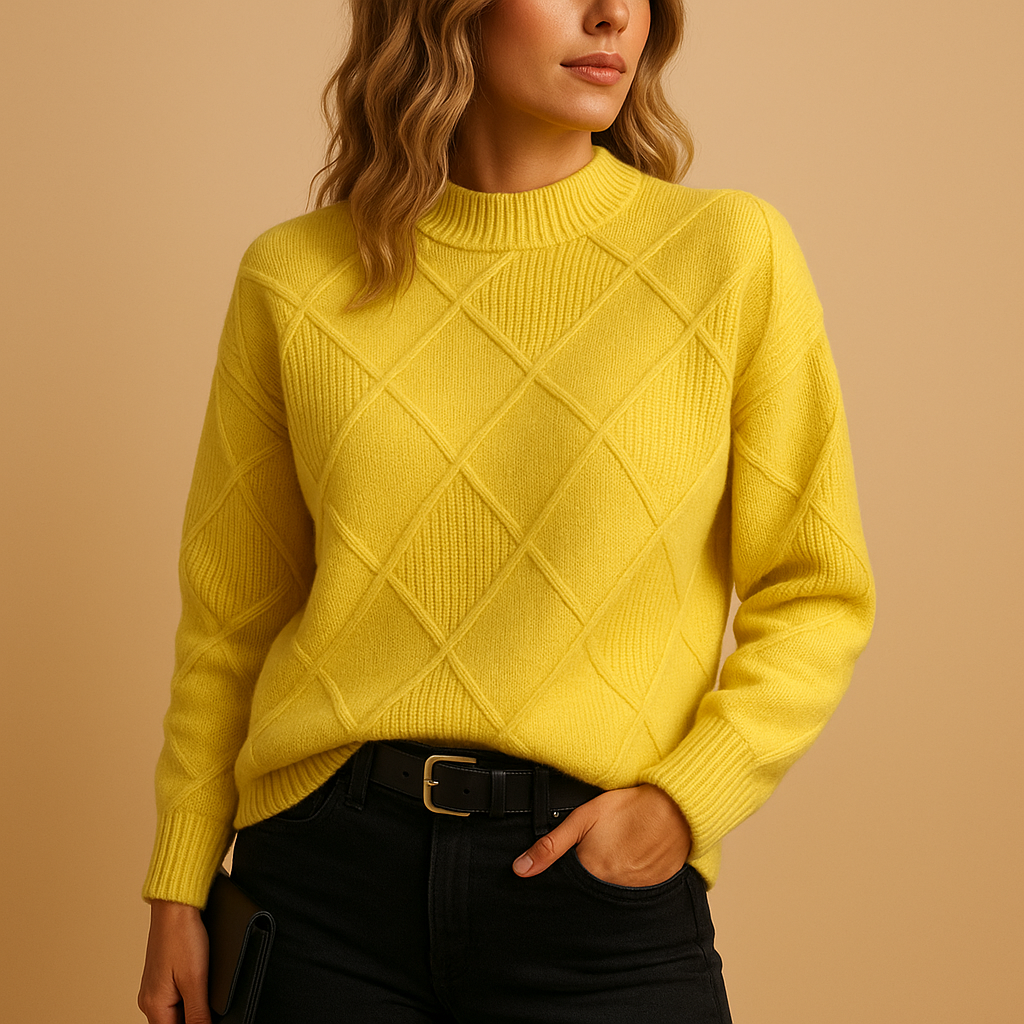 Knitted women's sweater with turtleneck.