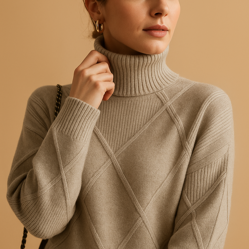 Knitted women's sweater with turtleneck.