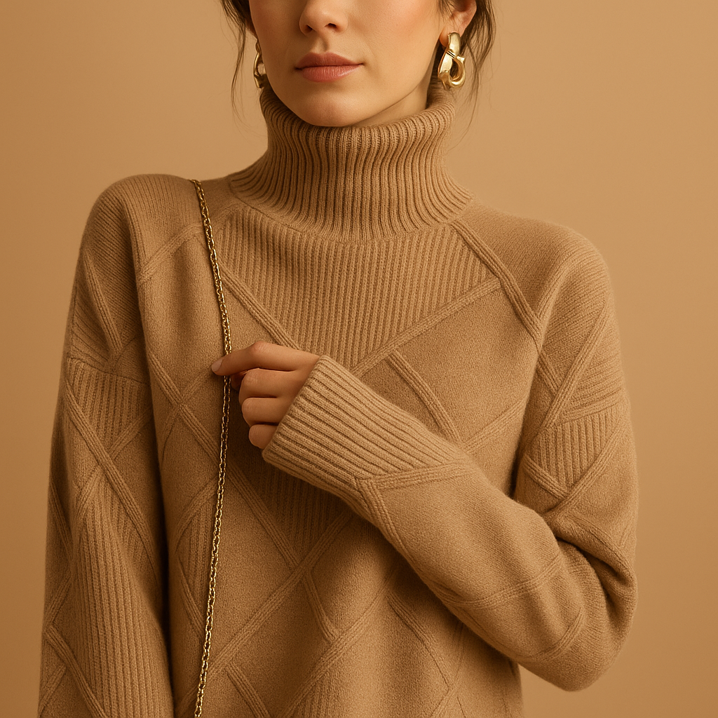 Knitted women's sweater with turtleneck.