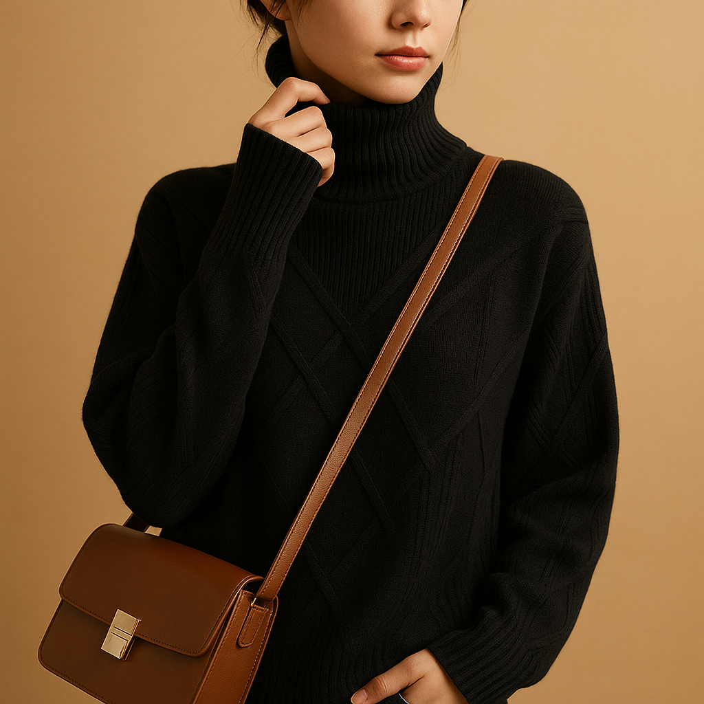 Knitted women's sweater with turtleneck.