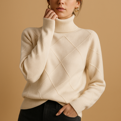 Knitted women's sweater with turtleneck.