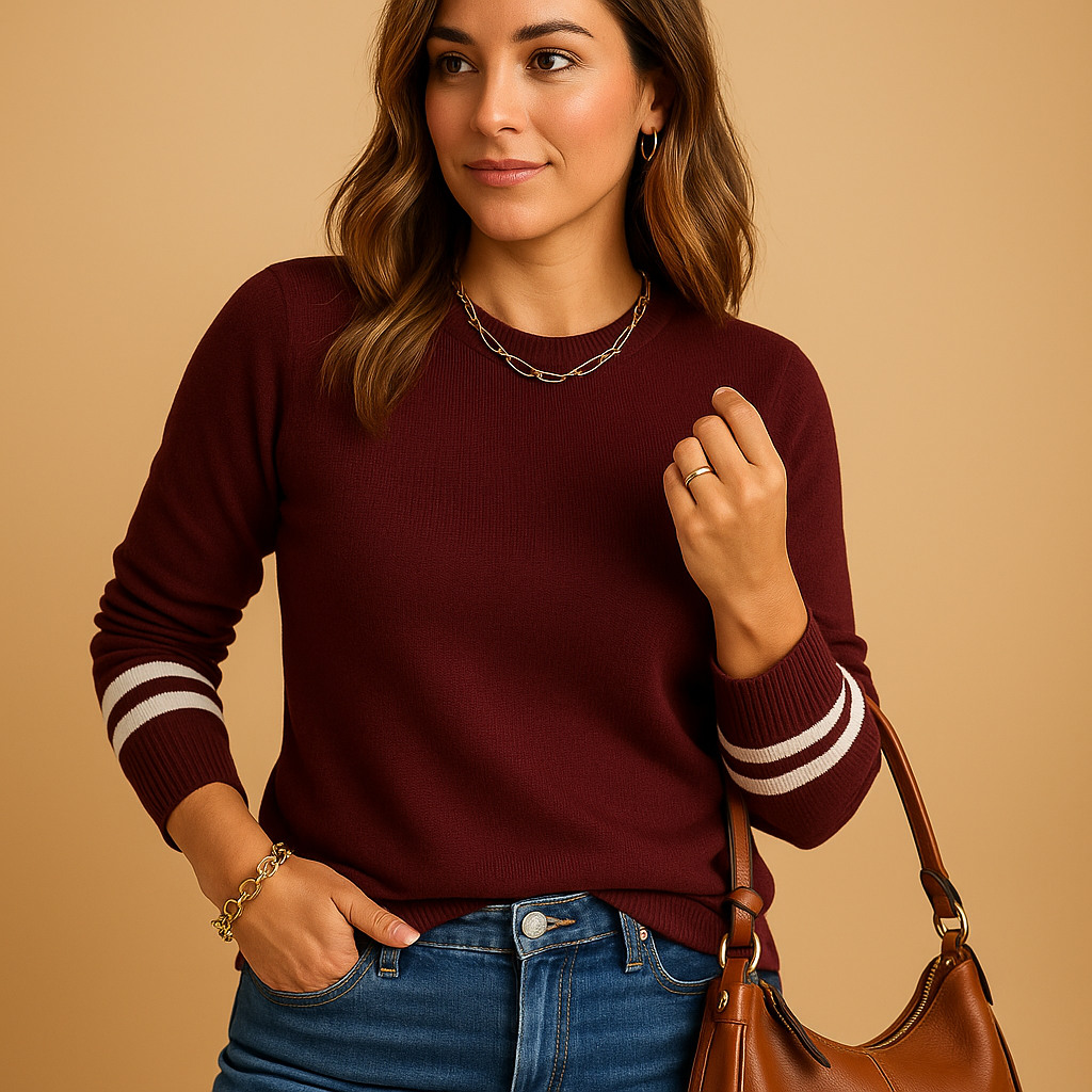 Knitted women's sweater with striped sleeves.
