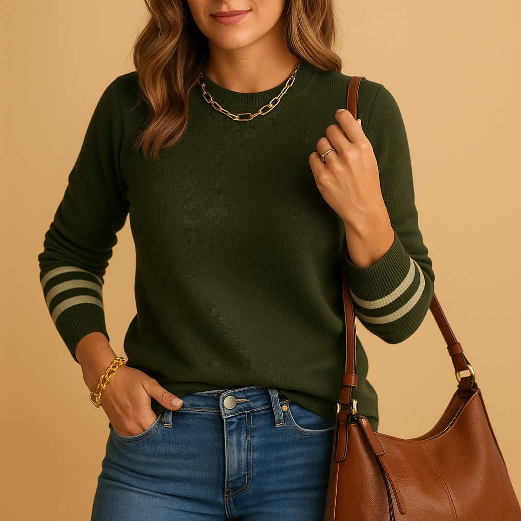 Knitted women's sweater with striped sleeves.