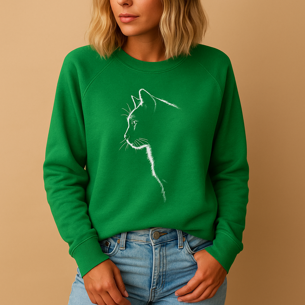 Knitted women's sweater with cat print.