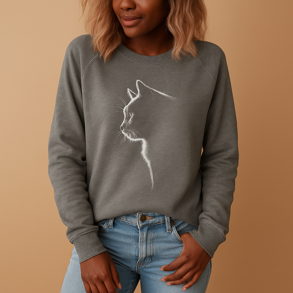 Knitted women's sweater with cat print.