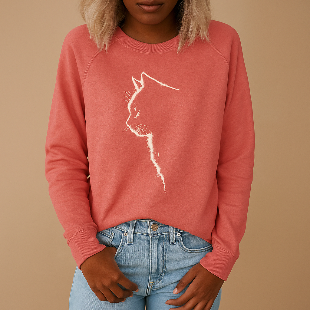 Knitted women's sweater with cat print.