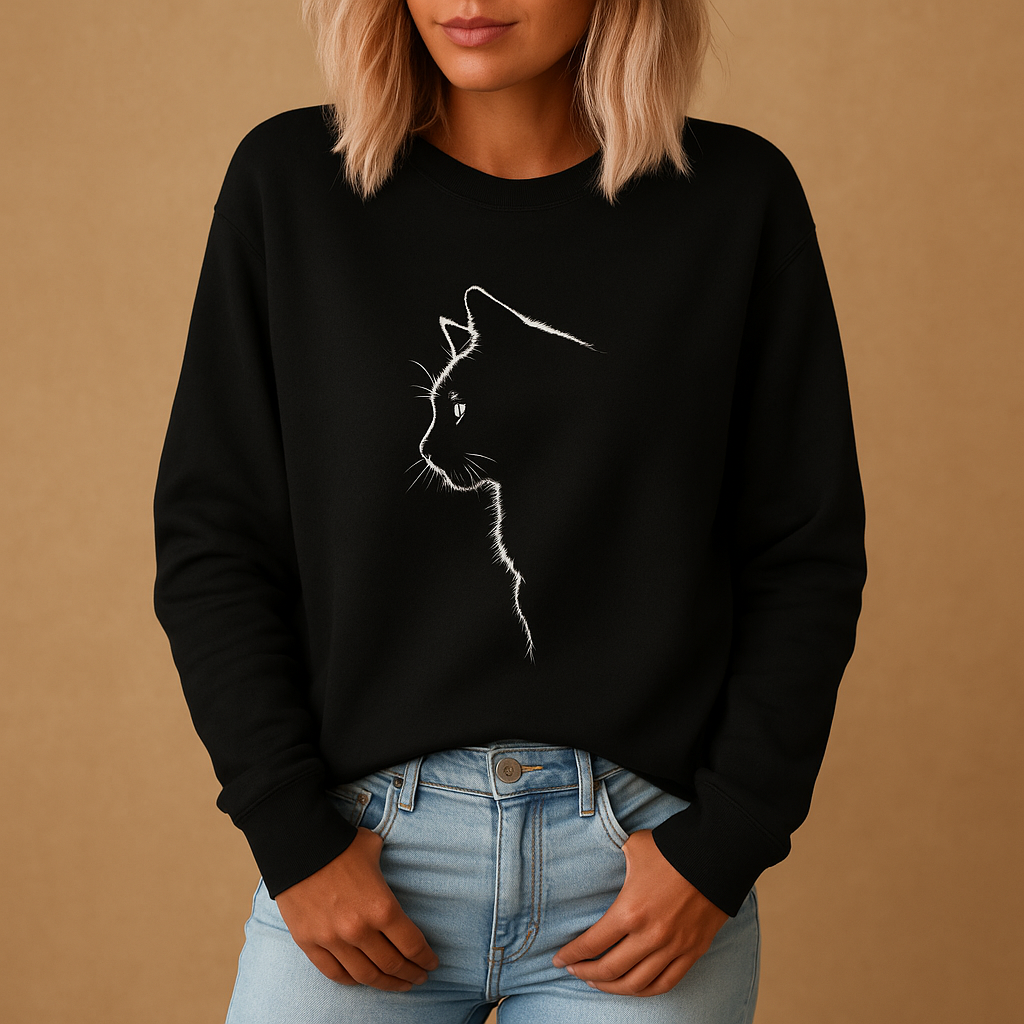 Knitted women's sweater with cat print.