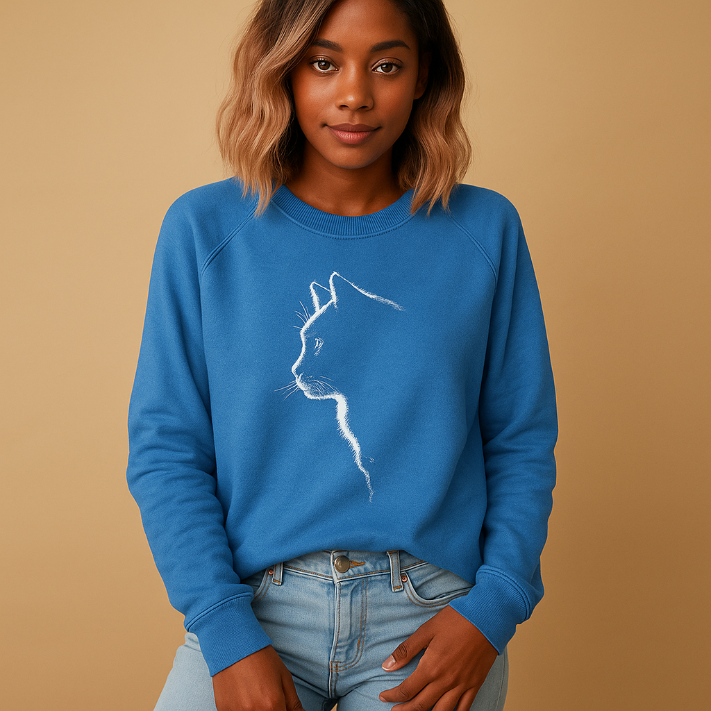Knitted women's sweater with cat print.