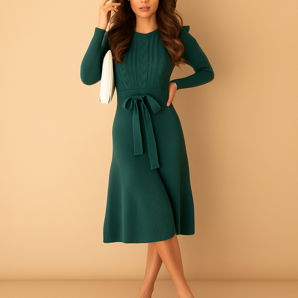 Knitted fall dress with belt for women.