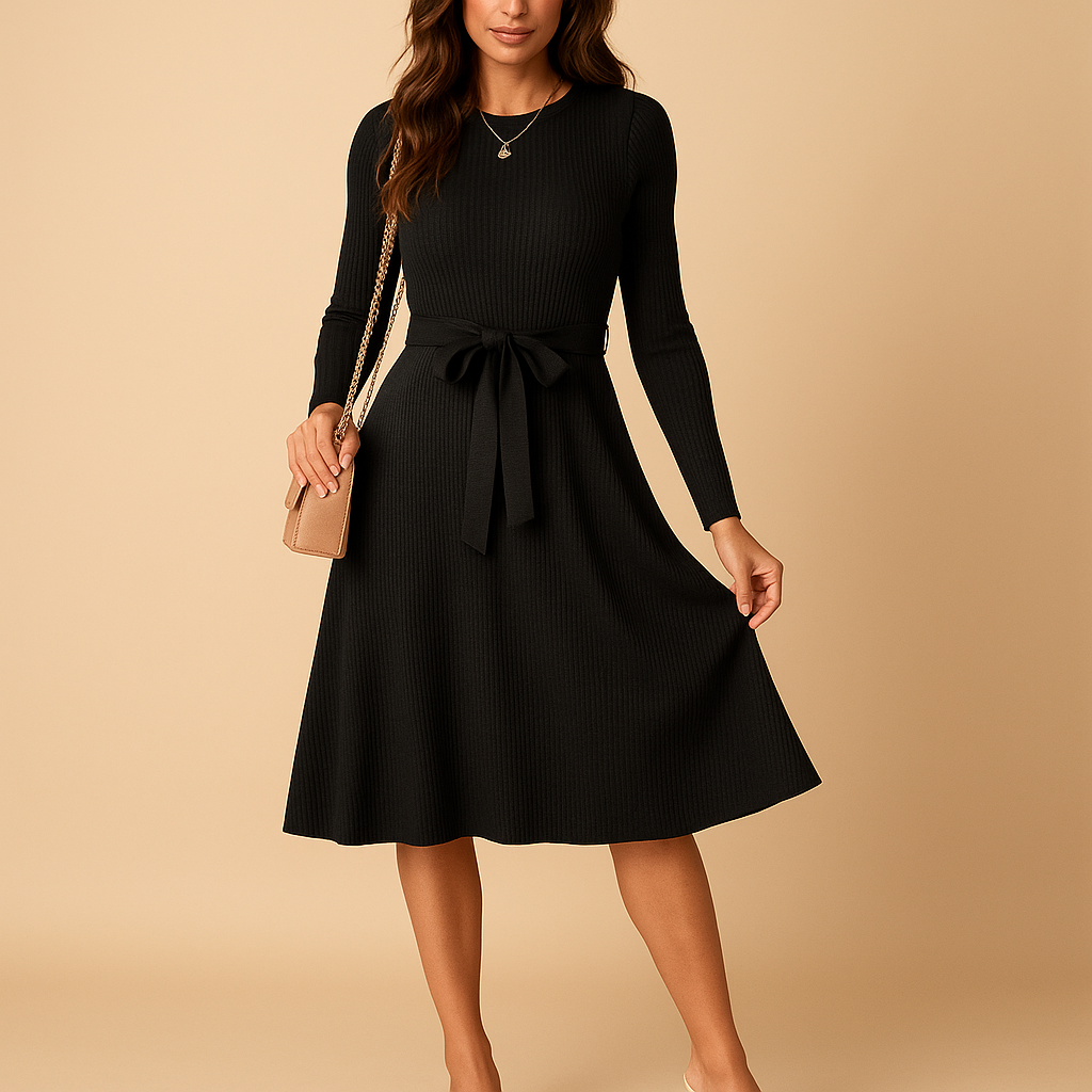 Knitted fall dress with belt for women.