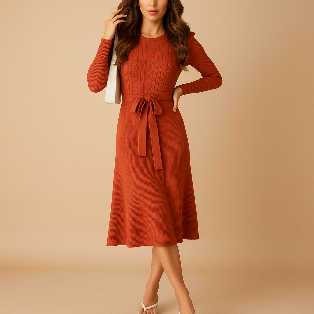 Knitted fall dress with belt for women.