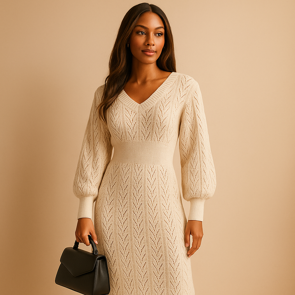 Knitted dress with V-neck and long sleeves for women.